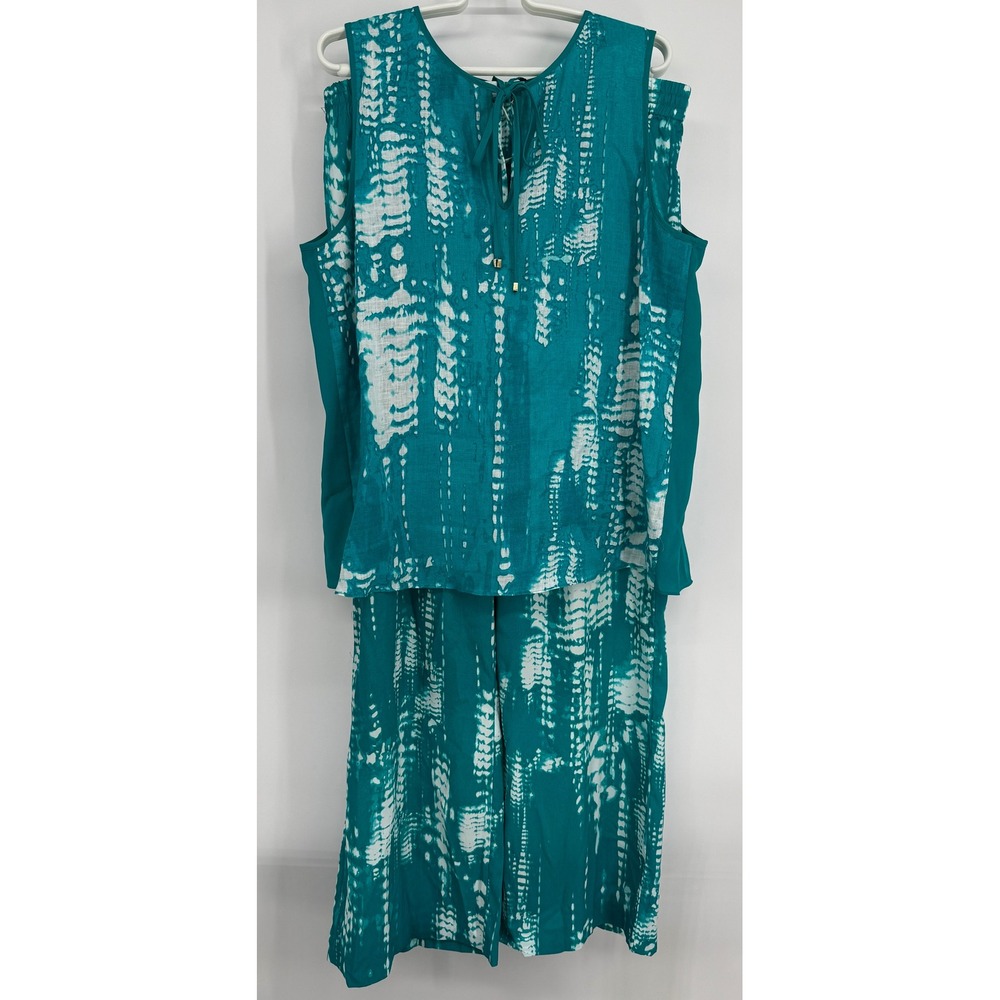 Calvin Klein Womens Teal Tie Dye 2 Piece Set Sleeveless Top Wide Leg Pants Sz L
